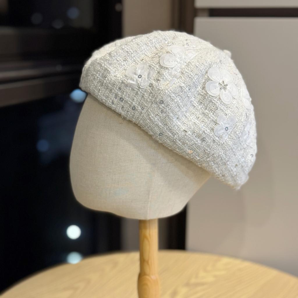 New Temperament Beret Ins Literary Style Small Fragrance Shopping Fashion Sequin Flower Face Small Octagonal Beret Hat