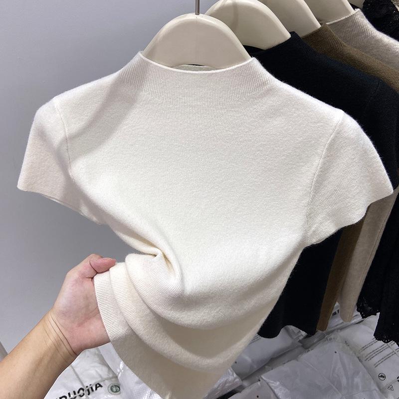 

Мягкая трикотажная футболка с полувысоким воротником: Женская приталенная футболка с коротким рукавом, идеально подходит для весны и осени. One Size