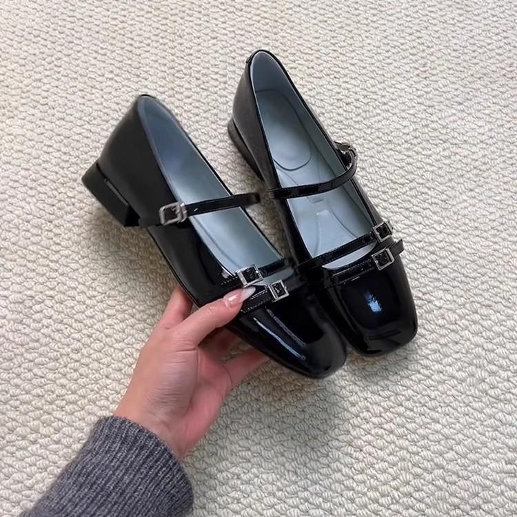 Sheepskin Version~ French Patent Leather Black Versatile Small Single Shoes One-word Buckle Shallow Mouth Square Head Niche Design Mary Jane Shoes