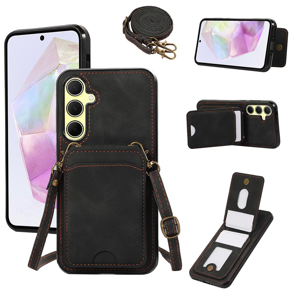 

For Samsung Galaxy A36 5G Case Card Holder Kickstand Leather+TPU Phone Cover with Shoulder Strap Black