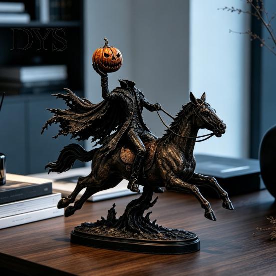 Einzigartige Weihnachtsgeschenke Beleuchtete Kopflose Reiter Statue, Aufleuchtendes Reitpferd Warmer Dunkler Horror Stil Dekorationen Leuchtende LED Kürbiskopf Skulptur
