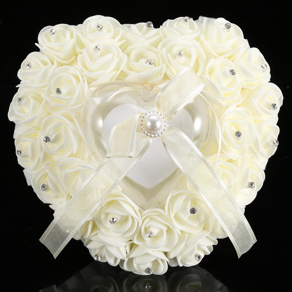 Boîte de Mariage Romantique en Forme de Cœur Décorée de Strass Coussin(blanc)