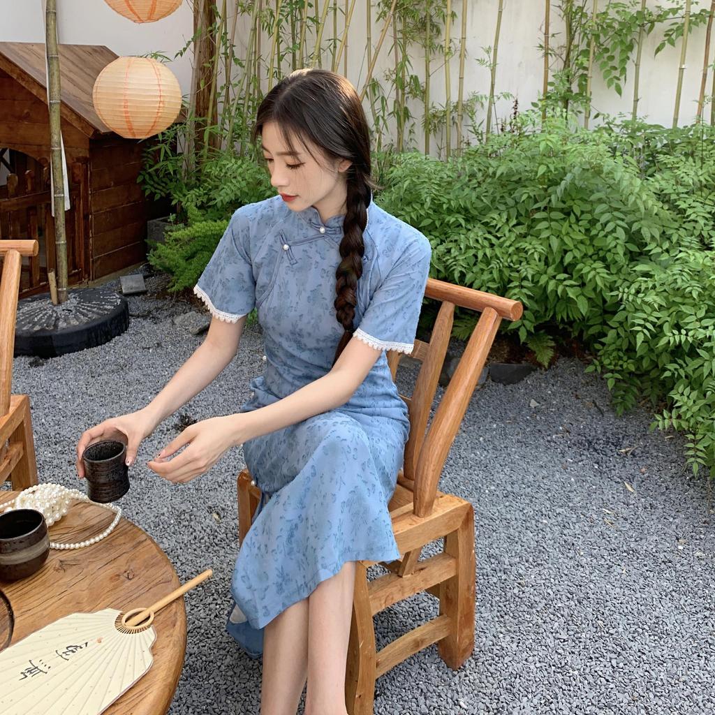 145 Shorty Republic Style New Chinese Cheongsam Dress: Women's Waist-Slimming A-Line Mid-Length XS for a Taller Look - Perfect for Summer