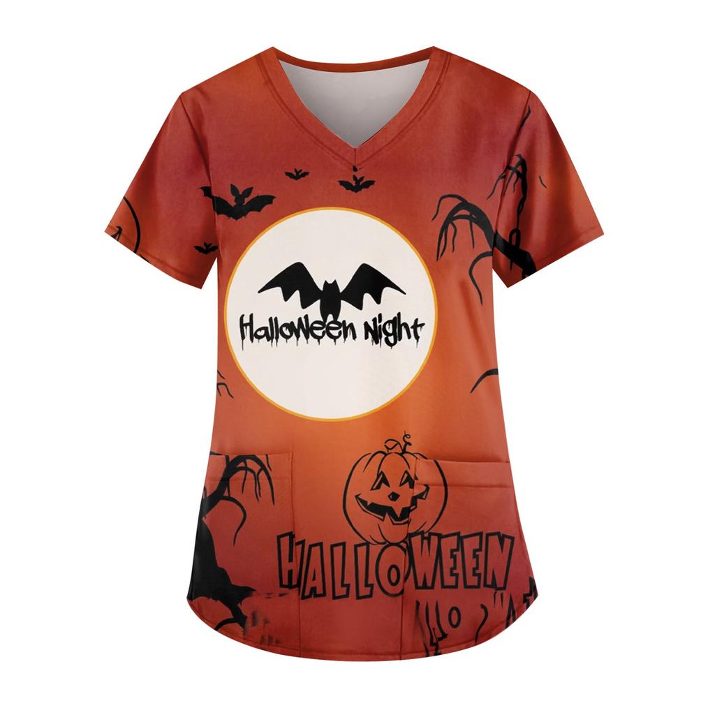 Women's Fashion V-Neck Short Sleeve With Pocket Halloween Printed T-Shirt Top