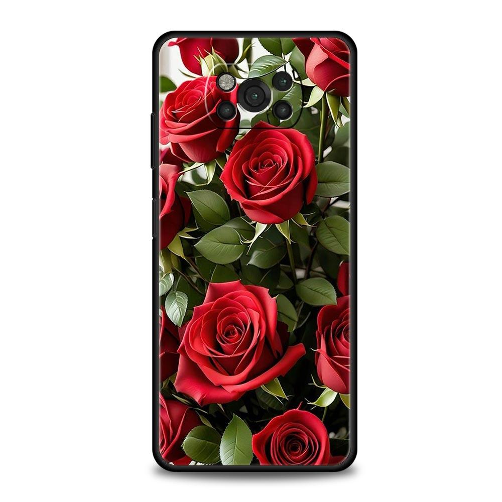 Phone Case For Xiaomi Poco X6 X5 X4 Pro 5G X3 NFC F5 F4 M5 M4 M3 F3 GT C51 C50 C55 Soft Black Cover Beautiful Red Rose Flowers