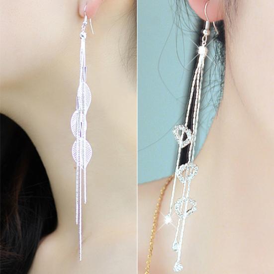 Women's Chic Leaf Heart Rhinestone Long Tassels Drop Dangle Linear Hook Earrings