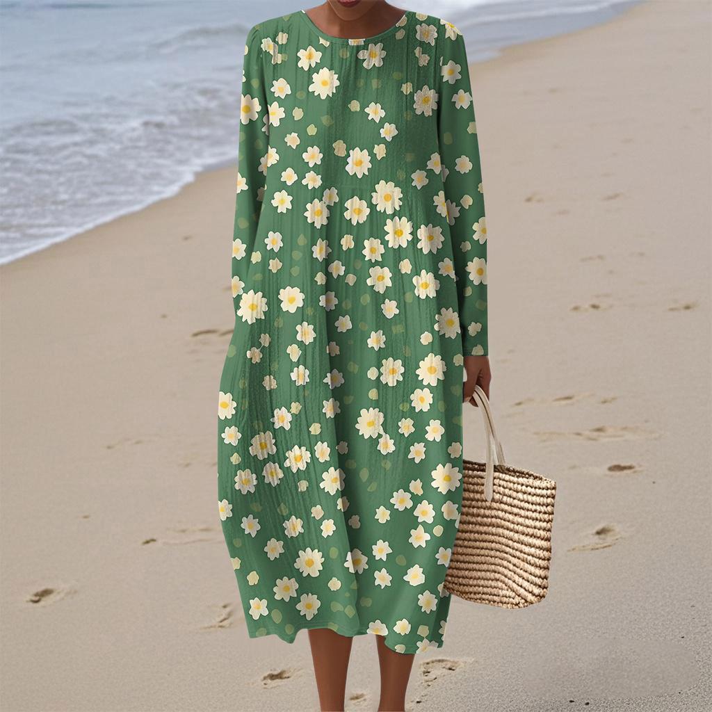 Women's Fashionable Casual Long-Sleeved Round Neck Floral Print Zipper Dress