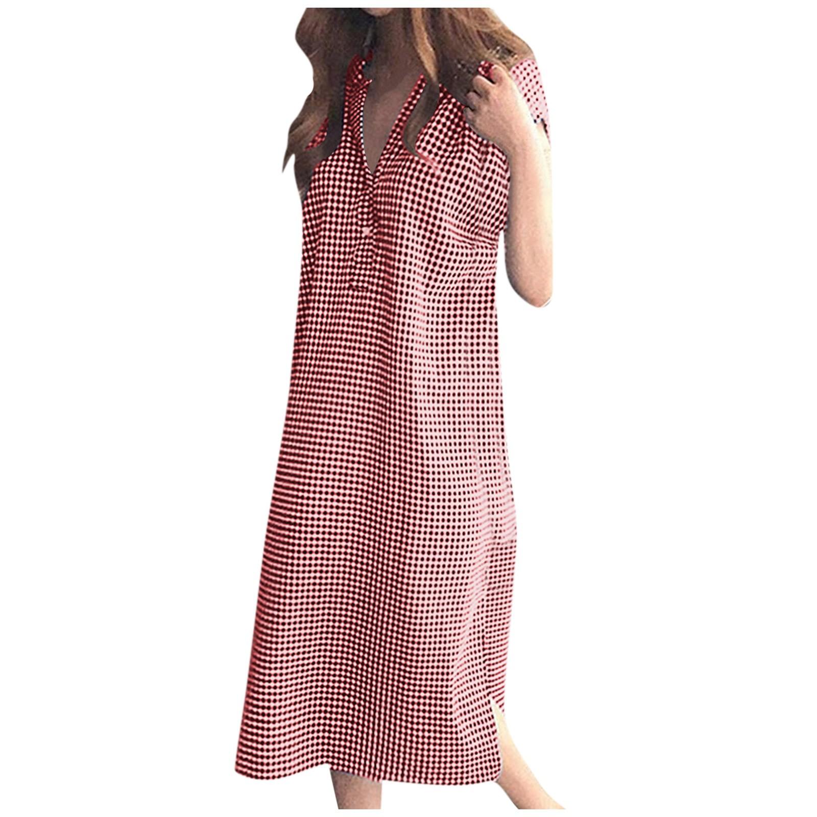 

Women s Summer Evening Dress V Neck Side Split Plaid Shirt Dress XXXXL розовый