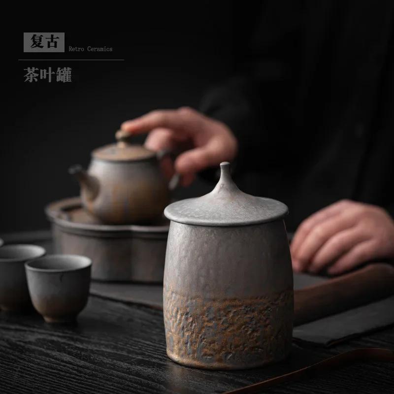 Stoneware Tea Jar Sealed Jar Pu'er Tea Storage Jar White Tea Packaging Box Household Japanese Vintage Ceramic Jar