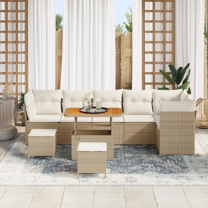 Ensemble de Canapé de Jardin 9 Pièces avec Coussins Beige en Rotin Synthétique Acacia, Ensemble de Salle à Manger de Jardin 3361506