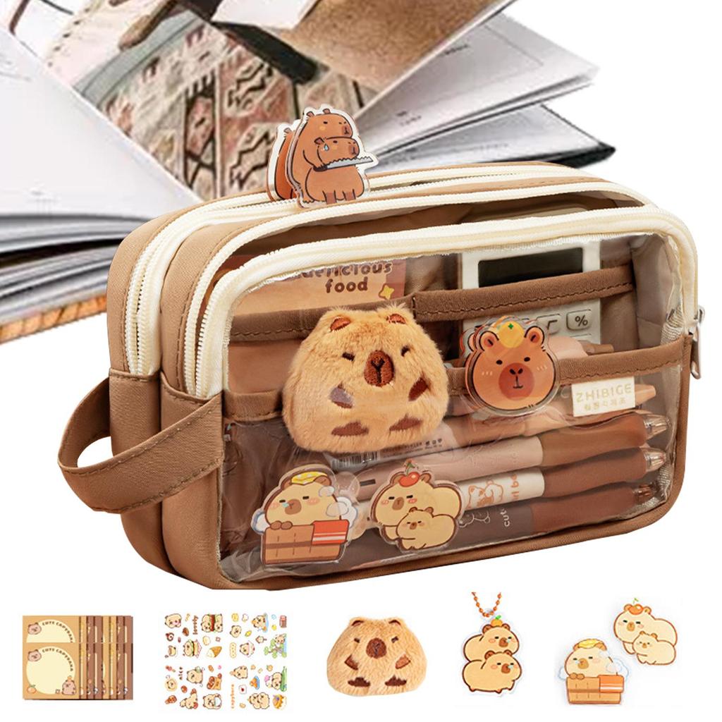 Capybara Pencil Pouch Stationery Pouch With Stickers And Pins Portable Cute Pen Organizer Holder Box Multipurpose Storage bags