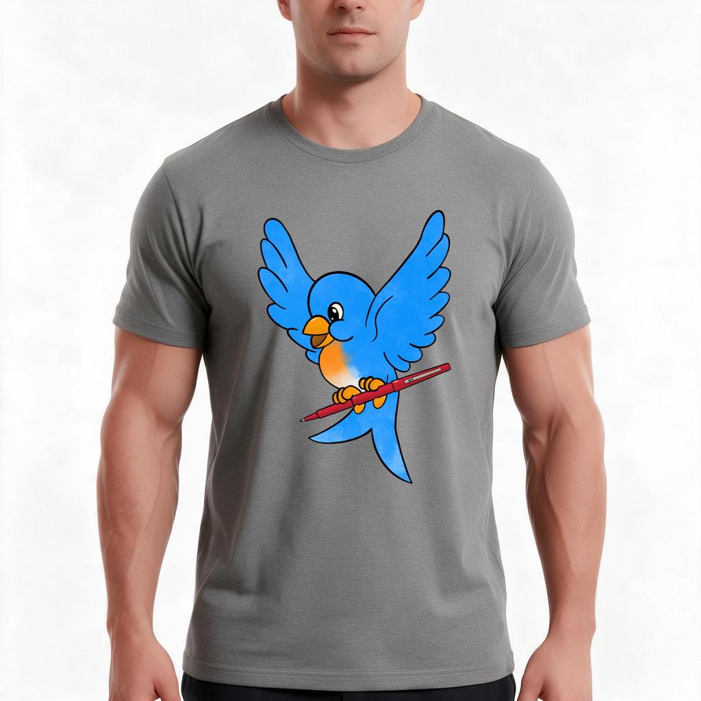 Blue Bird With A Red Pen Tshirt Summer Casual Cotton Tee Oversized Streetwear Tops Vintage Graphic Print Unisex Unisex Unisex