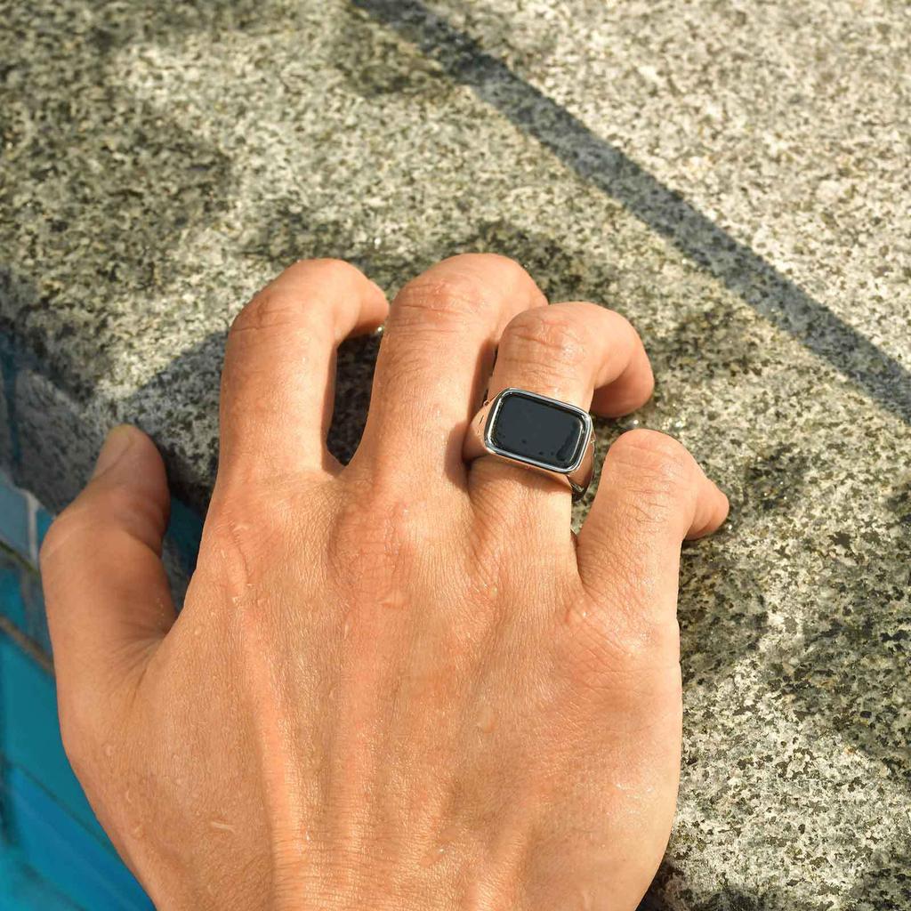 Men's Stainless Steel Gold Ring with Black Glass Stone and Geometric Design (RC-619)