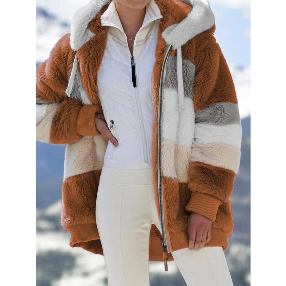 Damen Mehrfarbiger Flauschiger Kapuzenmantel, Lockere Warme Plüschjacke für Herbst Winter