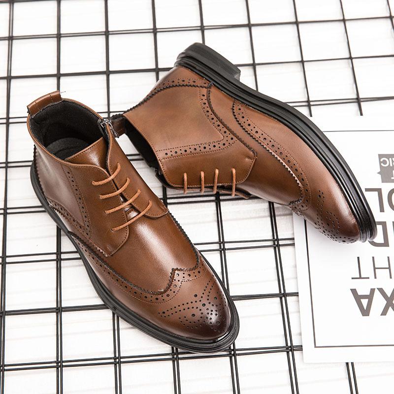 Men's Trend Business High Top Leather Shoes Short Boots Dress Large Size 46 Men's Shoes Brock Pointed Retro Trendy Shoes