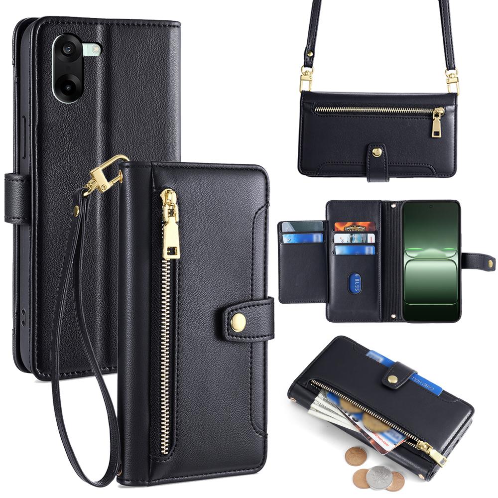 For OnePlus Nord CE5 5G/Ace 5 Racing 5G Leather Case Zipper Pocket Wallet Phone Cover with 2 Straps