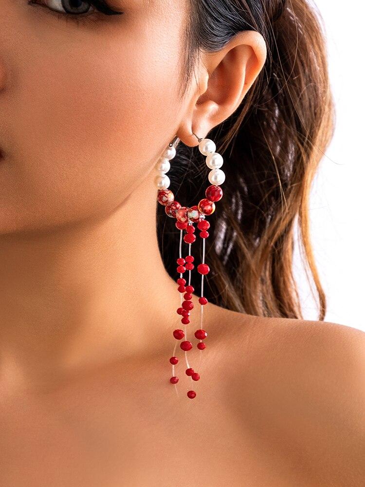 Lange Quaste Rotblutmuster Perlmutt-Ketten-Hängeohrringe für Damen Gotische Gliederketten-Hängeohrringe Halloween Schmuck Geschenk