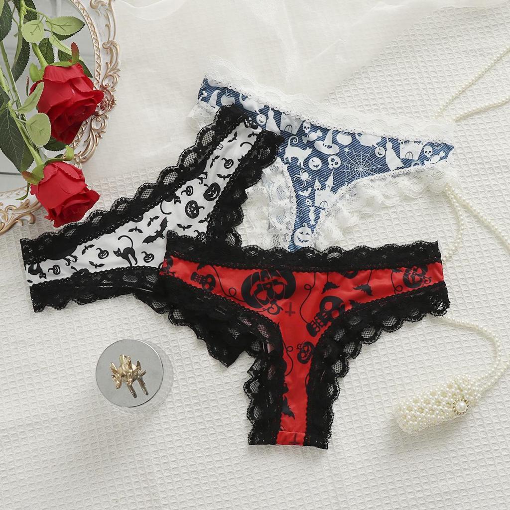 Lace Patchwork Seamless Halloween & Christmas Print Ice Silk Thong 367