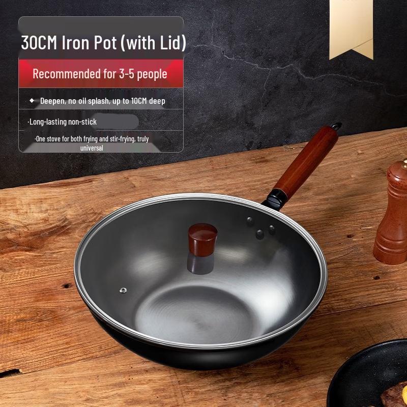 Zhishi 30cm Cast Iron Non-Coated Wok with Lid