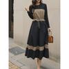 plus Size Chubby Girl Spring and Autumn round Neck Color Matching Shoelace Tight Waist Fake Two-Piece Long Sleeve Mid Length Long Length Dress Dress