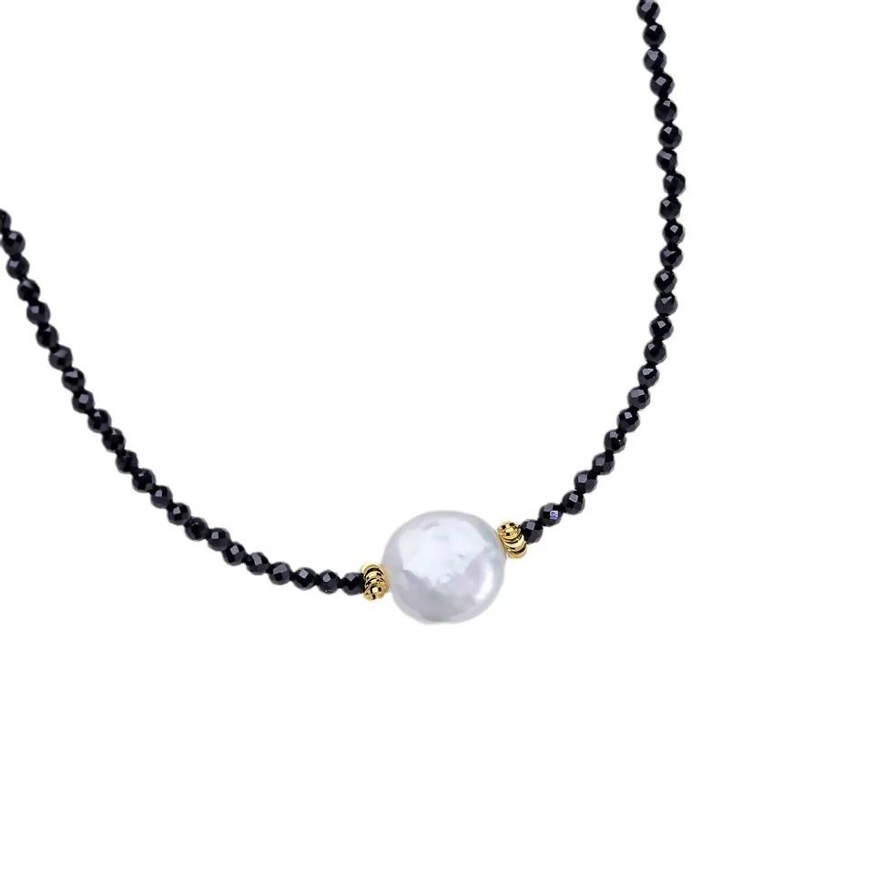 HENGSHENG 12-13mm Big Baroque Freshwater Pearl Bracelet for Women Black Crystal Stone 16cm 925 Sterling Silver Bracelet Girls