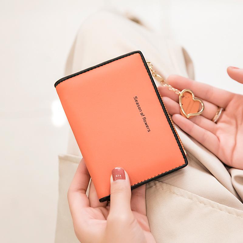 Women'S Small Wallet Double Fold Ultra Thin Zero Wallet Zipper ID Bag, Contrast Color Love Pendant Short Card Bag