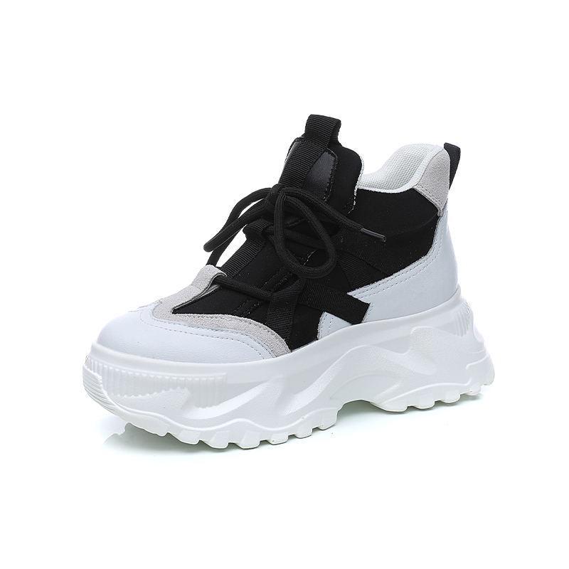 Women's Thick-Soled High-Top Dad Shoes: New 2022 Autumn/Winter White Platform Cowhide Korean-Style Casual Sneakers