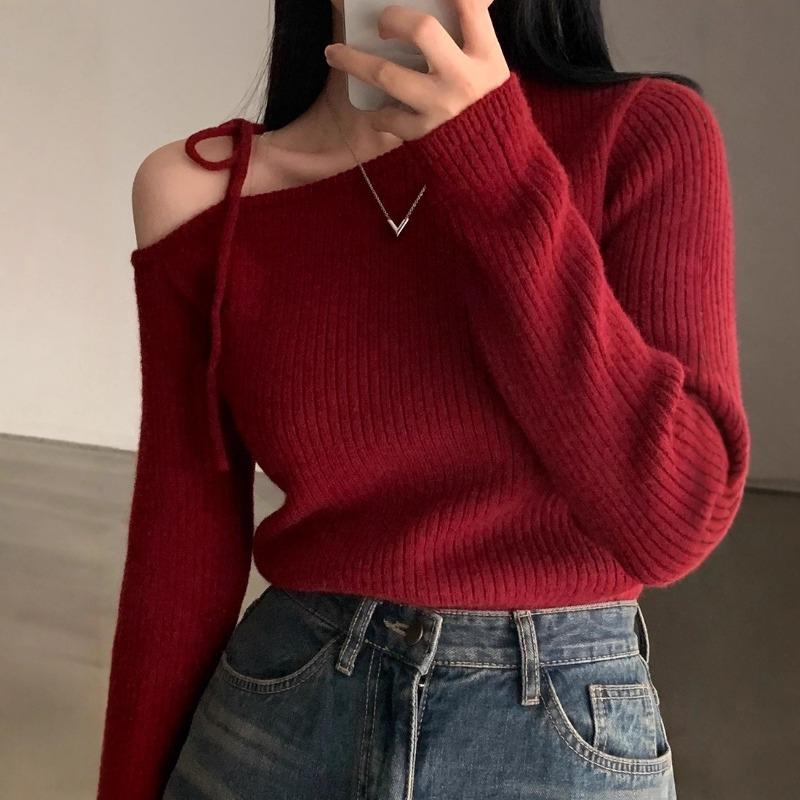 Autumn temperament design sweater irregular diagonal collar temperament scheming lace-up knitted sweater women