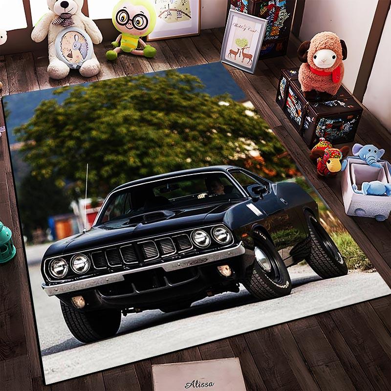 Vintage Black Classic Muscle Car with Retro Design Outdoors Landscape Print Suitable for use as an anti-slip1 for1room and bedroom sofas