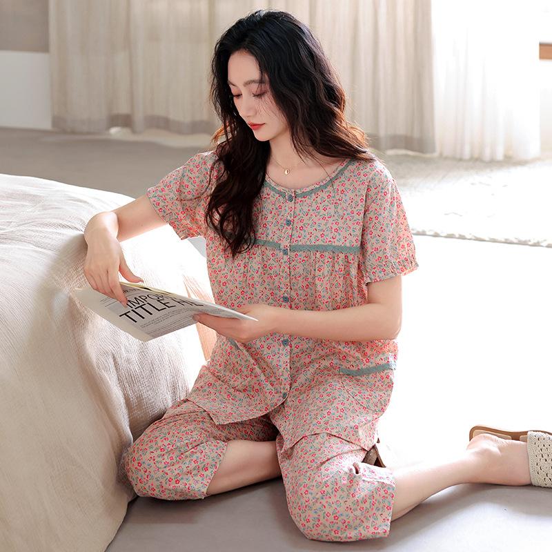 Pajamas women's summer thin woven cotton short-sleeved cropped pants summer middle-aged mother large-size loungewear set