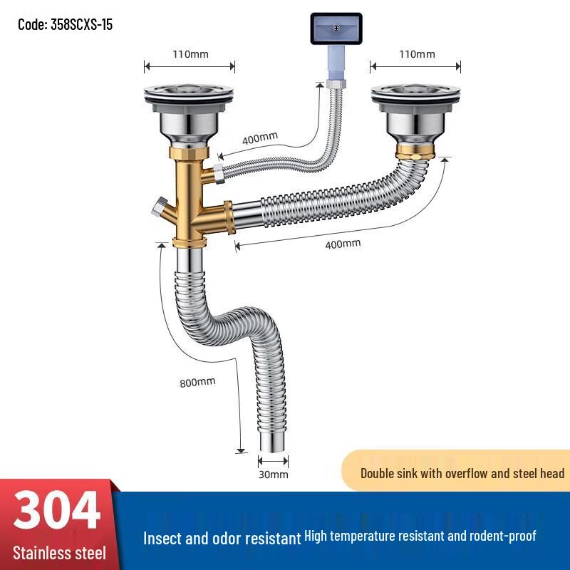 Shuopu Kitchen Double Sink Stainless Steel Drain Pipe Set