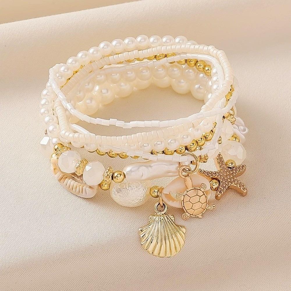 7pcs/Set Faux Pearl Stackable Bracelets Sea Shell Pearl Beaded Bracelets  Beach Holiday