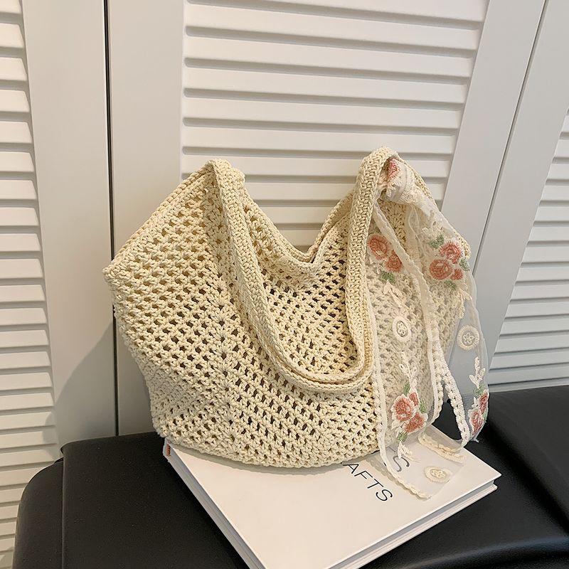 

Idle Style Underarm Bag Women Summer Large Capacity Cotton Thread Hollow out Woven Bag Seaside Vacation Commuter Shoulder Tote Bag Beige White