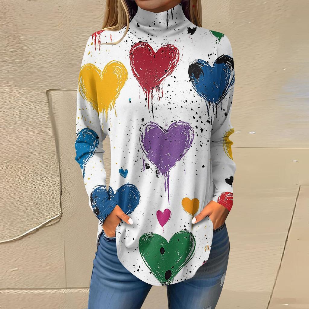 Women Fall Casual Long Sleeve Shirts Sweatshirt Printed High Neck Top Pullover