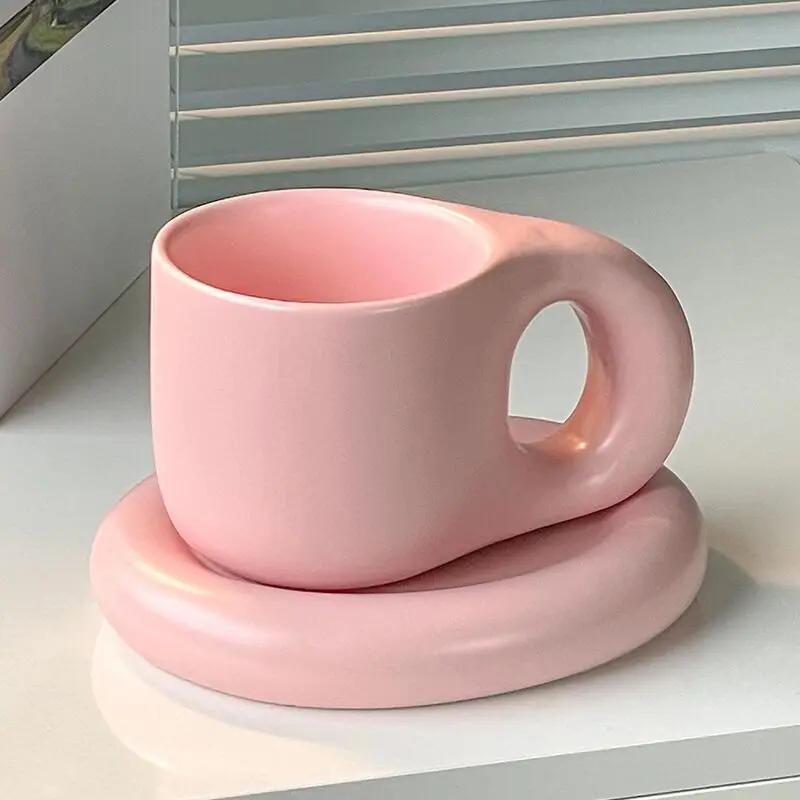 Taza de Leche Chubby y Juego de Platillo para Oficina y Hogar Apariencia Alta Nicho Taza de Café Gorda 9 Oz Taza de Café para Latte Té Leche Regalos