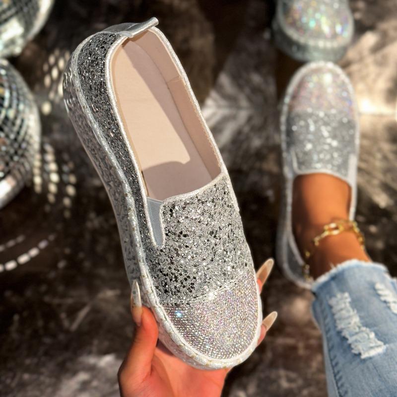 2025 New Luxury Women Flats Rhinestone Bling Sewing Platform Loafers Slip on Shallow Mouth Fashion Casual Shoes Ladies Footwear