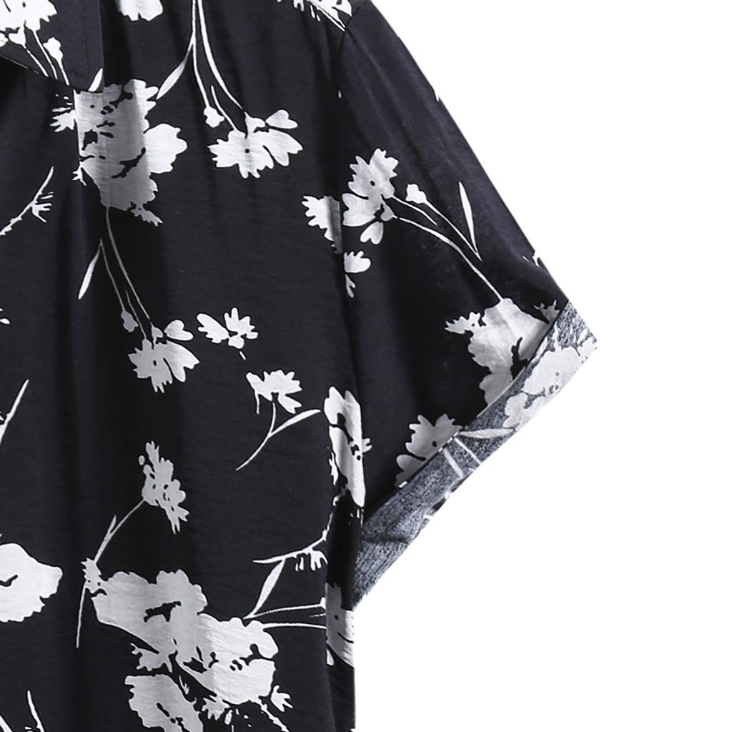 Men's Fashion Cotton Linen Print Short Sleeve Button Shirt Blouse Top