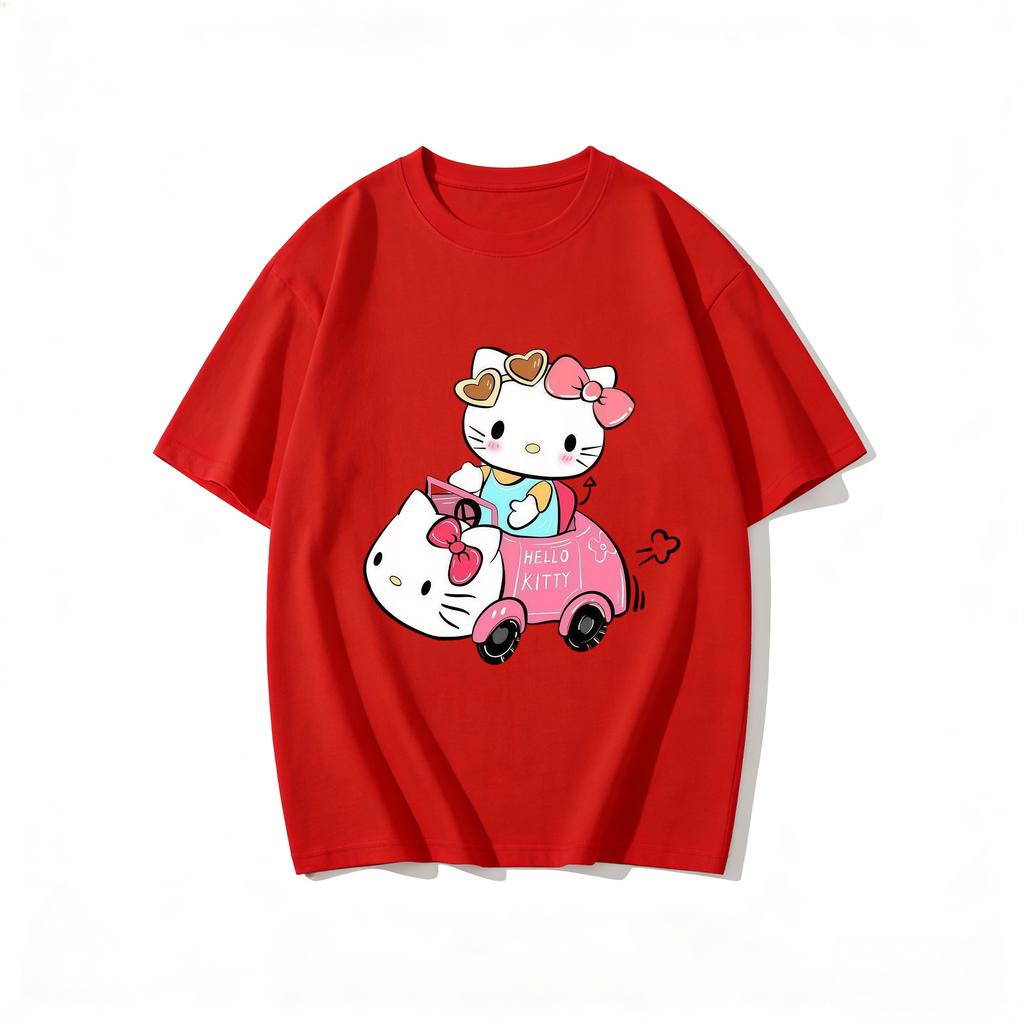 2026 Summer Trendy Cute Hello Kitty Driving Pink Car Graphic Couple Tshirts Streetwear Family Matching Parentchild Clothing