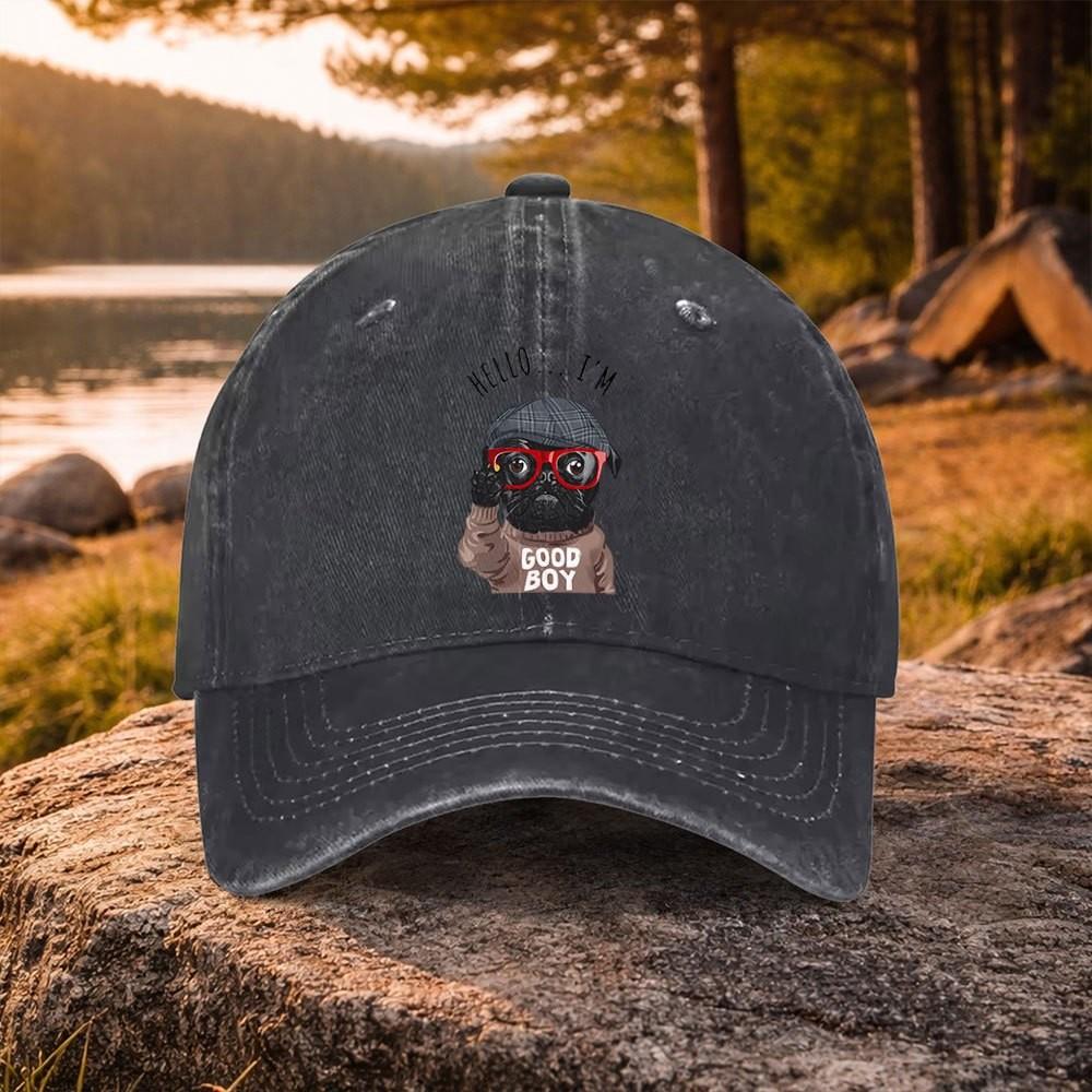 Hello Im Good Boy Dog Print Washed Baseball Cap Unisex Casual Outdoor Golf Cap for Daily Wear