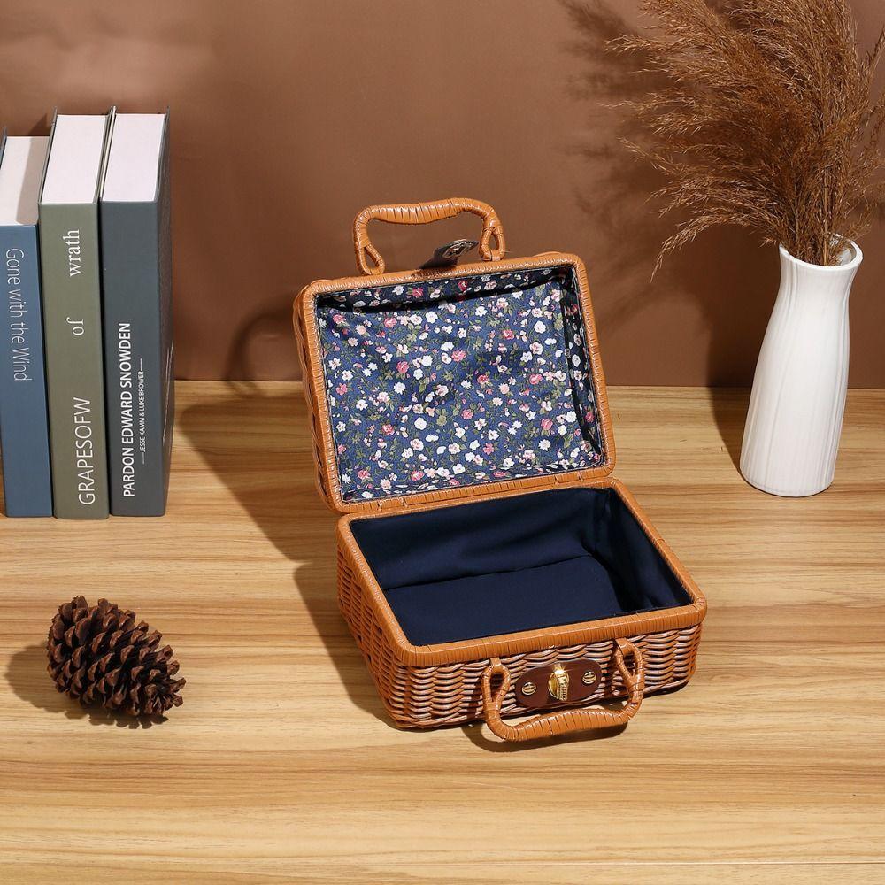 Handmade Travel Suitcase Vintage Picnic Basket Cosmetic Sundries Organizer Gift Box  Makeup