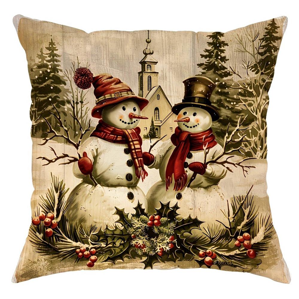 

Christmas decoration pillow cover retro Santa Claus Snowman pattern living room sofa cushion cover home farmhouse decoration 16x16Inch
