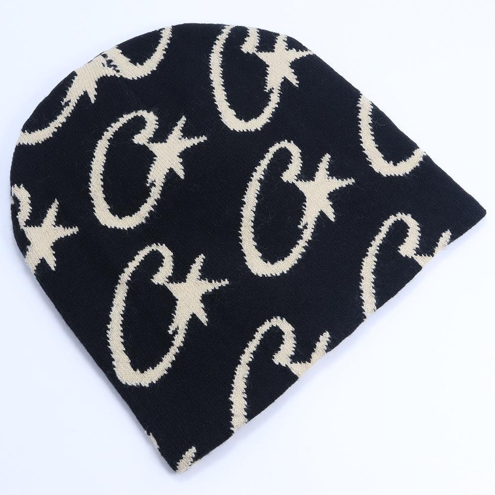 Big C Jacquard Wool Knitted Hat Autumn and Winter Trend Outdoor Windshield Warm Hat Ear Protector Hat Couple, Pullover Hat