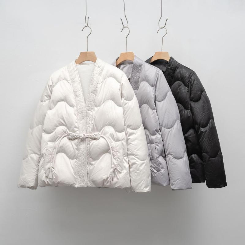Down Jacket New National Standard 90 Down Casual Autumn and Winter Satin Simple Solid Color V-neck Loose Coat