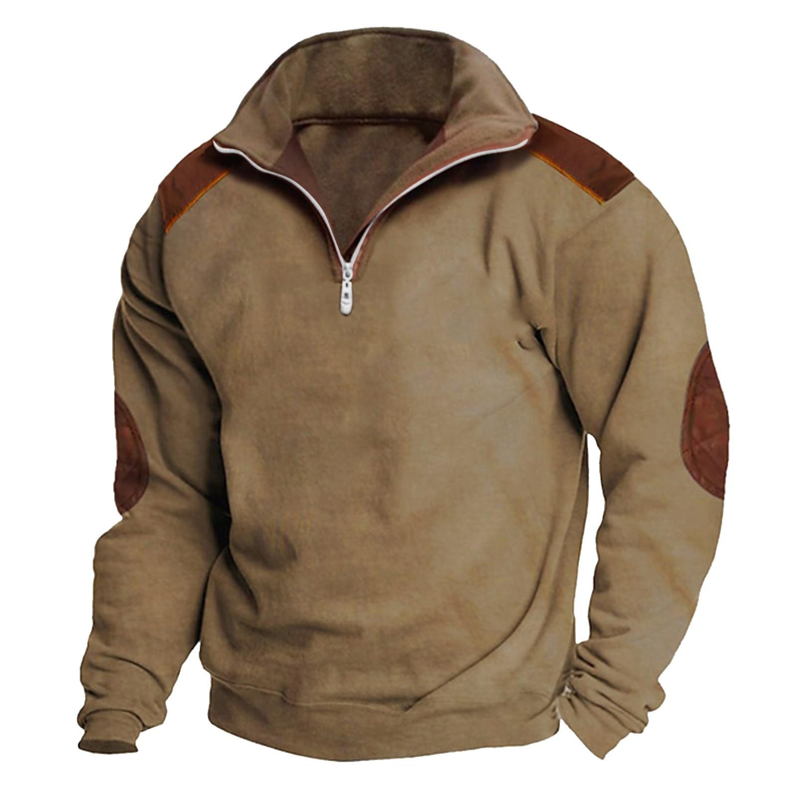 Men s Vintage High Neck Top Half Zip Sports Long Sleeve Sweater S коричневый