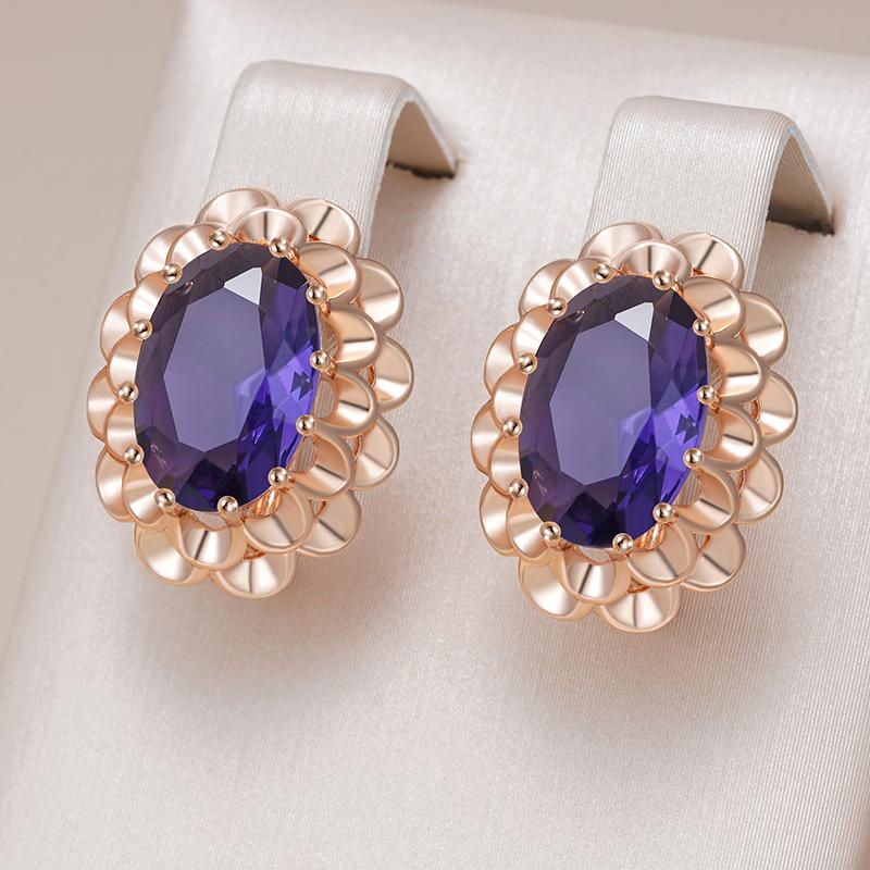 Classic Big Purple Natural Zircon English Earrings For Women Rose Gold Color Crystal Flower Daily Vintage Jewelry