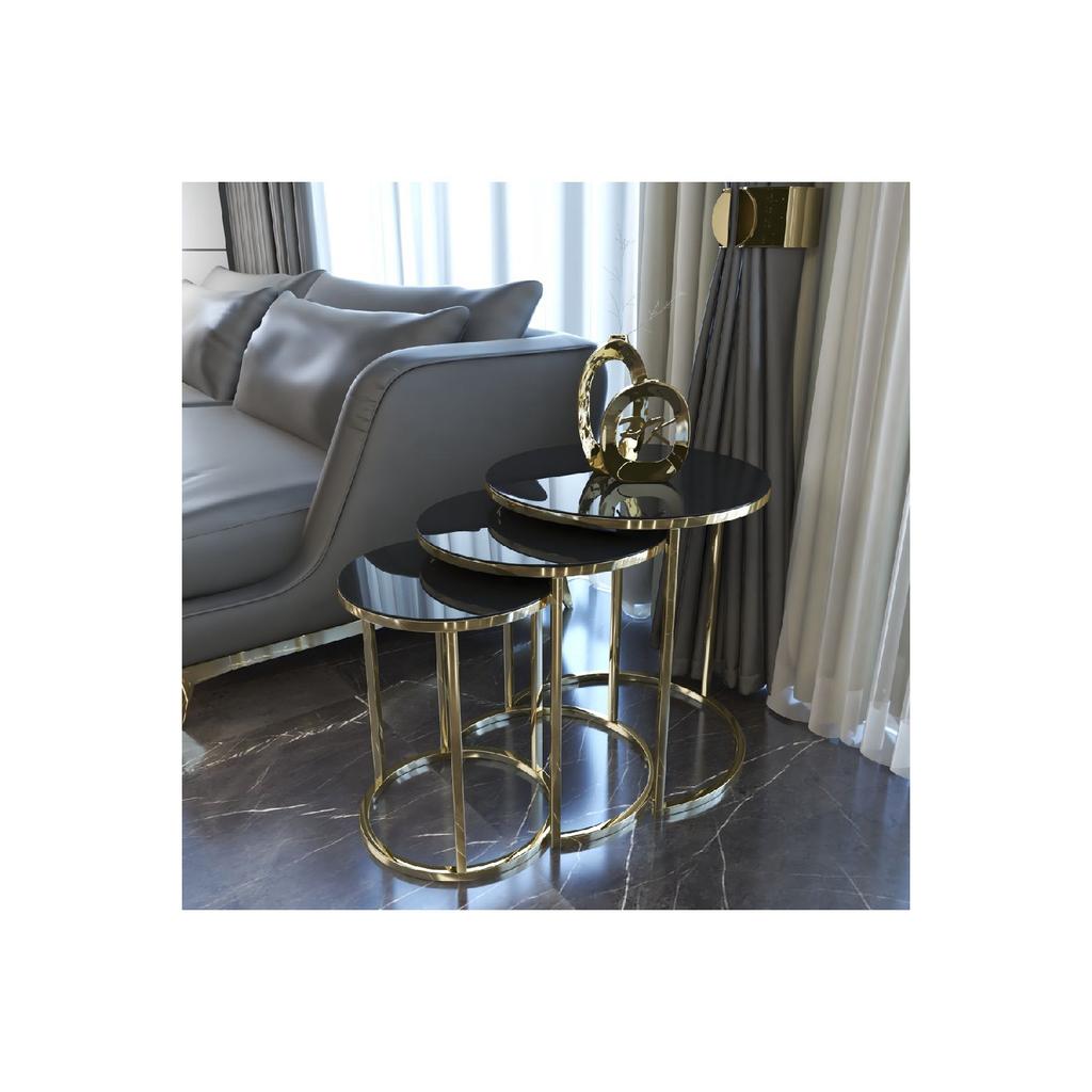 Ceylin 3-seat Nesting Coffee Table Silver Color Metal Leg, Black Unbreakable Mirror