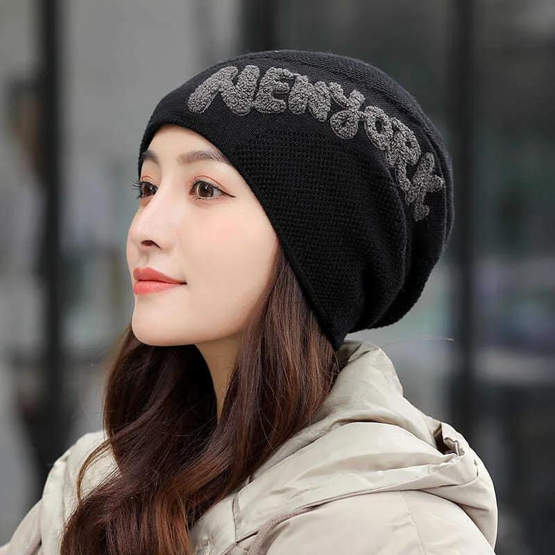 Unisex Fashion NEW YORK Letter Beanie Hat  Men & Women Plush Fur Lined Thick Warm Ski Winter Hat