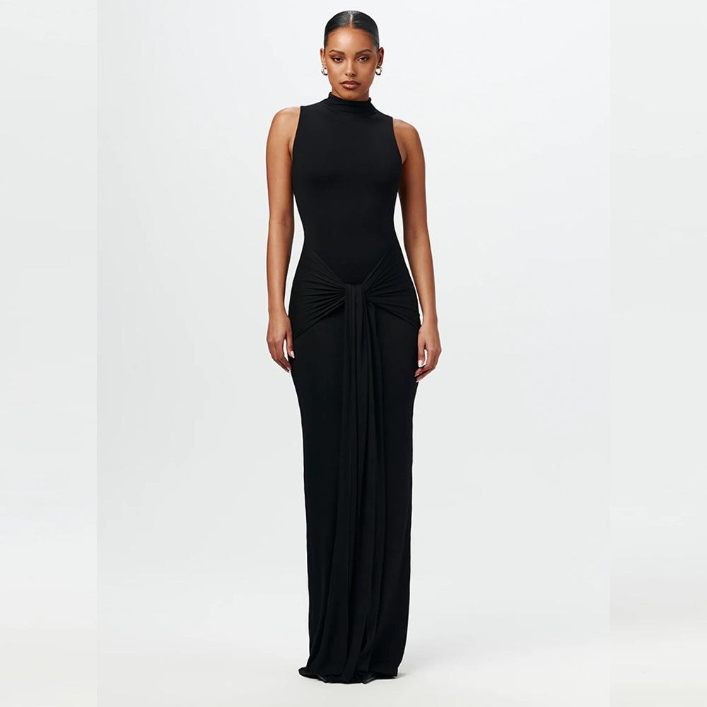 European & American Women's Solid Color Sleeveless Slim Fit Dress with Tie-Up Waist