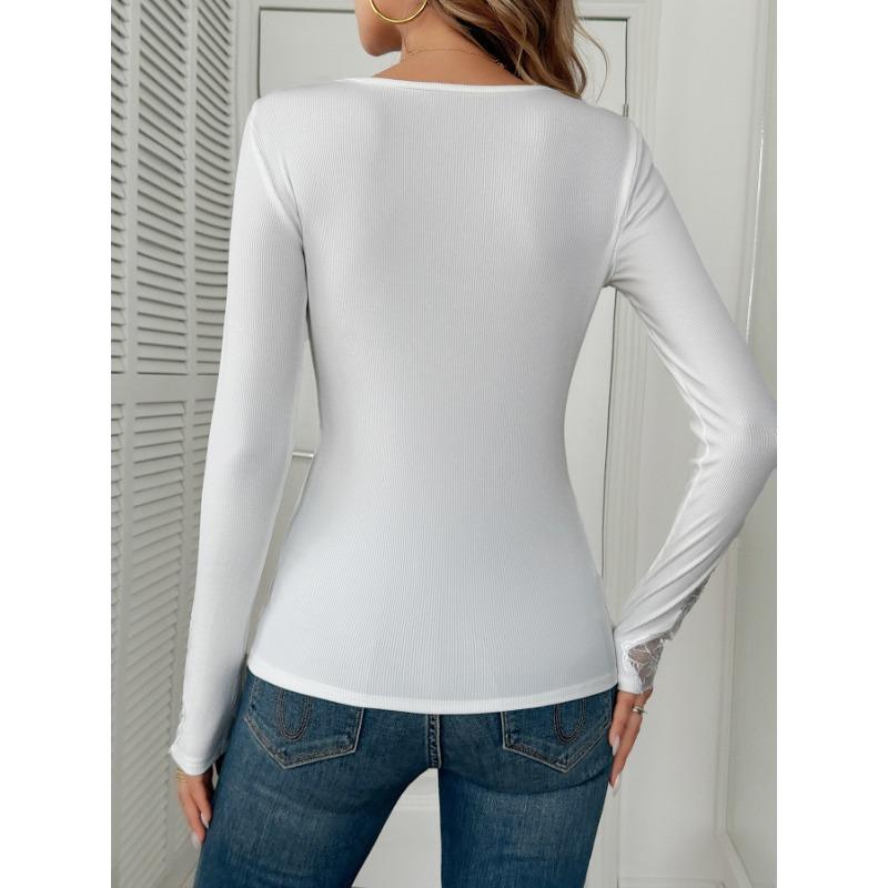 Spring and Autumn New Splicing Lace Elegant Long Sleeve Women's T-shirt