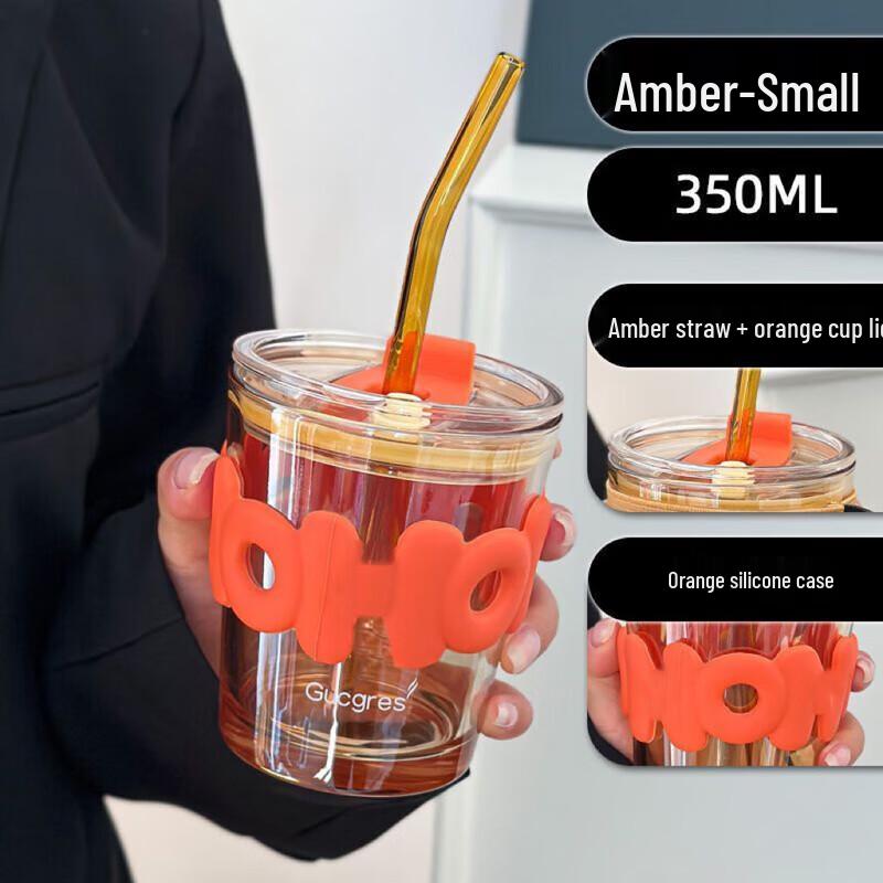 QIHANG Bamboo-Style Glass Water Bottle with Straw